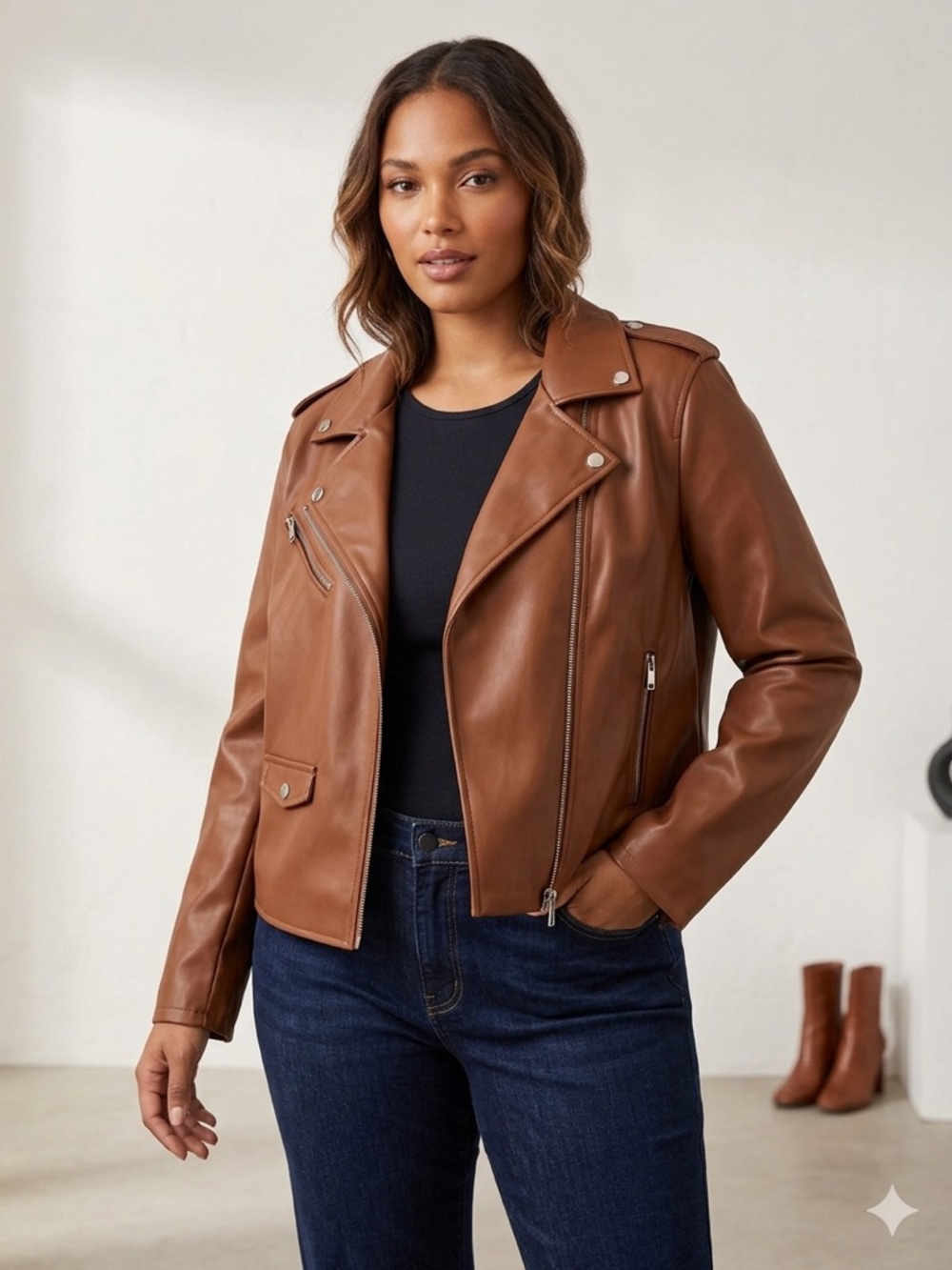 Nine West Cognac Faux Leather Asymmetrical Moto Jacket
